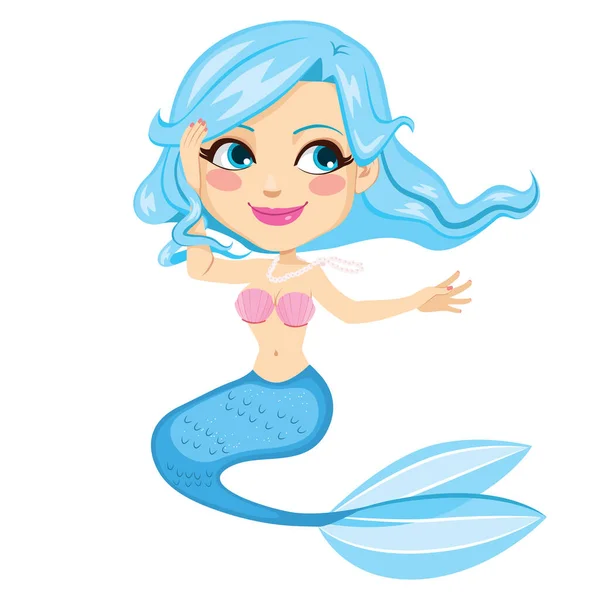 Beautiful Blue Hair Tail Mermaid Cartoon Character Illustration — Stock Vector