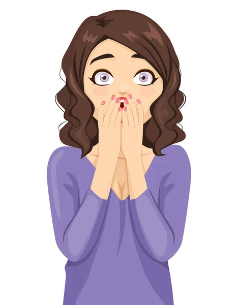 Surprised Woman Eyes Wide Open Shock Covering Open Mouth Hands — Stock Vector