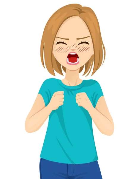 Angry Young Woman Screaming Wild Open Mouth Closed Fists White — Stock Vector