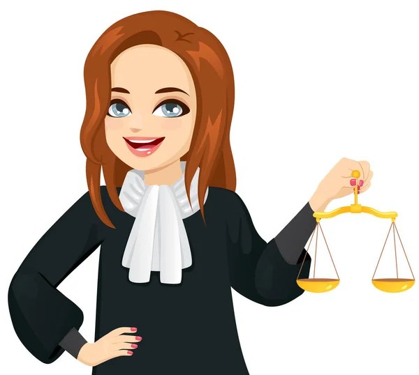 Young Female Judge Holding Golden Justice Scale — Stock Vector