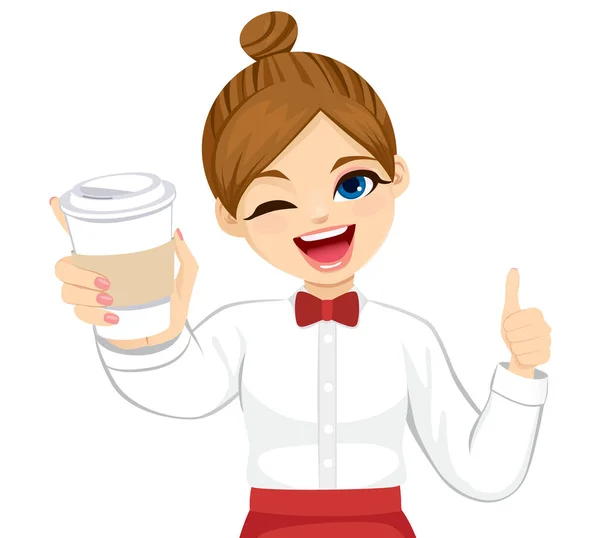 魅力的なバリスタウエイトレス女性で制服保持持ち帰りコーヒーと作る正の親指アップ隔離された上に白の背景 — ストックベクタ