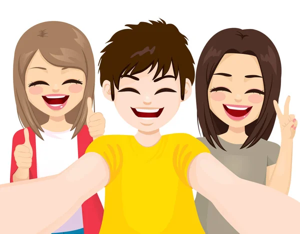 Adolescente Fazendo Selfie Engraçado Juntos Sorrindo Feliz —  Vetores de Stock