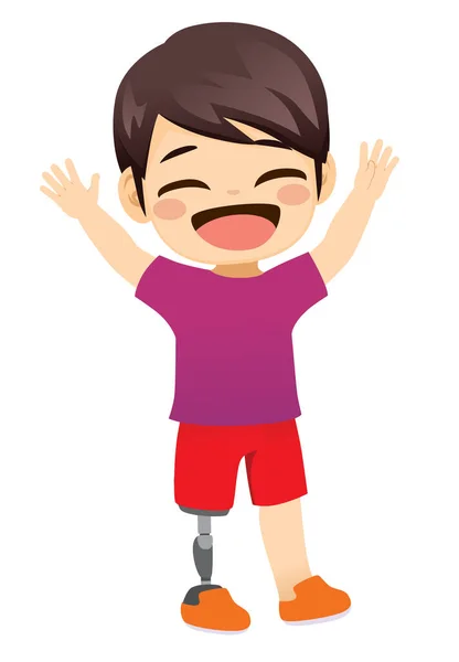 Ευτυχισμένο Χαριτωμένο Μικρό Αγόρι Χαρακτήρα Στέκεται Προσθετικό Πόδι — Διανυσματικό Αρχείο