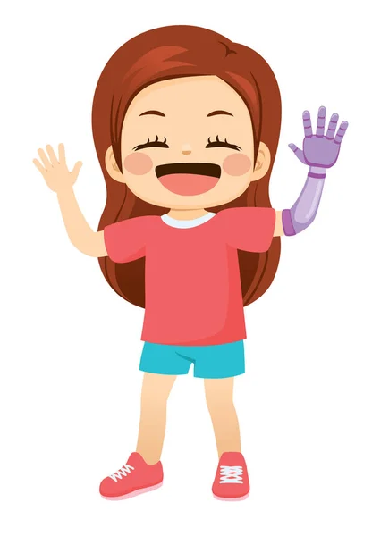 Happy Sweet Little Girl Prosthetic Arm — Stock Vector