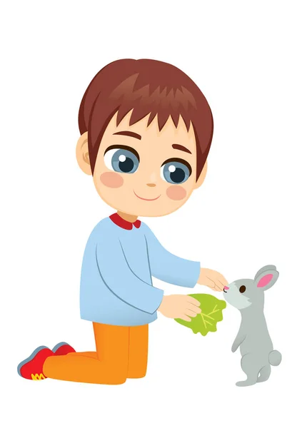 Young Little Boy Feeding Cute Pet Rabbit — Stock Vector