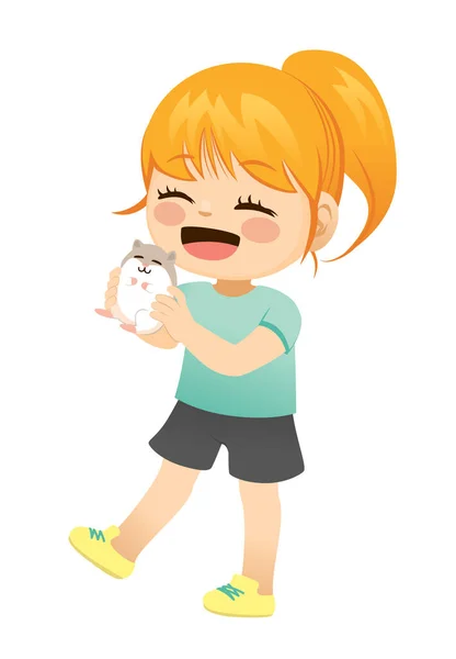 Sweet Little Girl Pet Hamster Playing Having Fun — Stock Vector