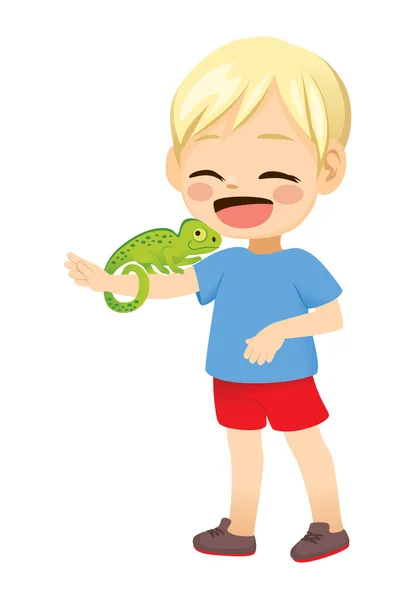 Cute Little Blond Boy Happy Pet Chameleon Arm — Stock Vector