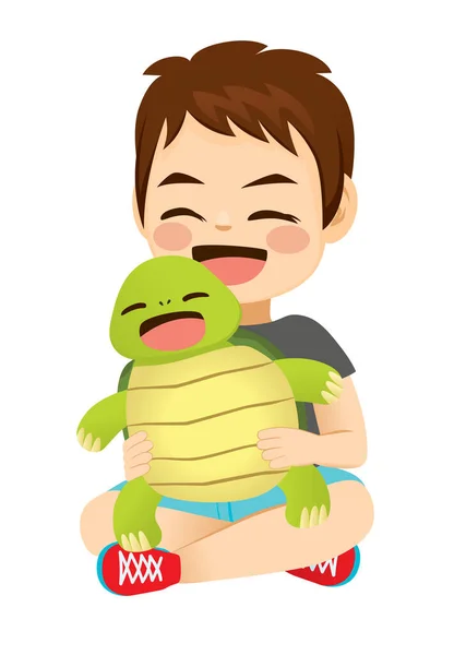 Happy Little Boy Holding Big Pet Turtle — Stock Vector