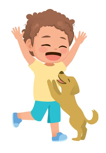 Cute Little Boy Sweet Pet Dog Playing Together Happy — Stock Vector