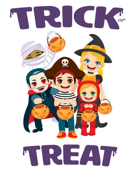 Trick Treat Kinder Halloween Kostümen Und Halten Kürbisbeutel Mit Text — Stockvektor