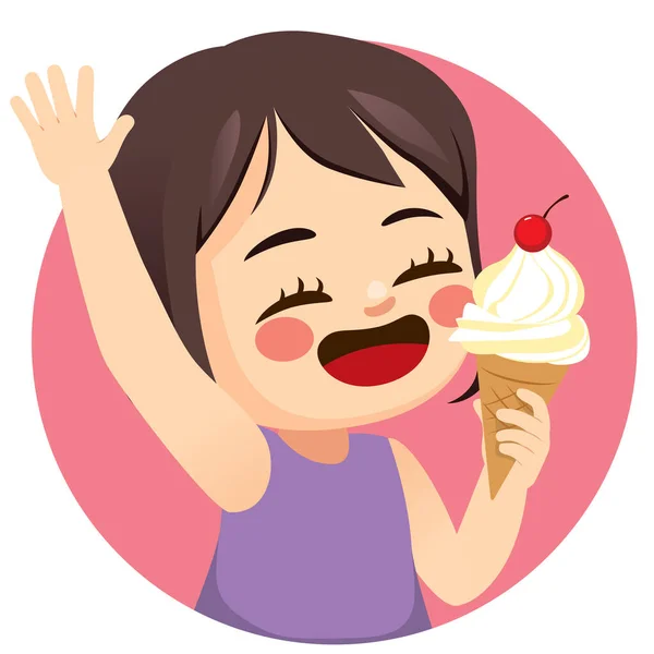 Счастливая Маленькая Девочка Ест Вкусное Мороженое Вишней Сверху — стоковый вектор