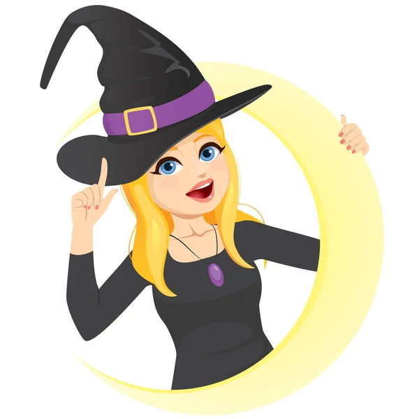 Fiatal Szőke Boszorkány Fekete Kalapban Holdra Szállva Halloweenkor — Stock Vector