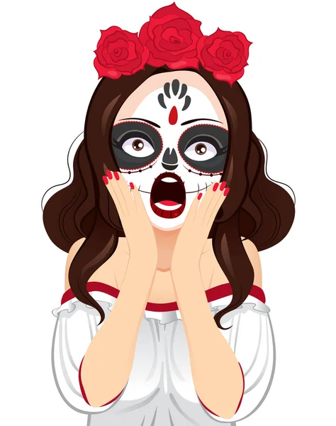 Woman Skull Painting Screaming Dia Los Muertos Celebration — Stock Vector