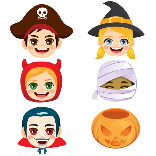 ハロウィンの子供たちの顔とカボチャの袋のかわいいセットコレクション — ストックベクタ