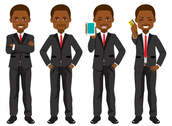 Confiado Afroamericano Negro Empresario Conjunto Colección Pie Diferentes Poses — Archivo Imágenes Vectoriales