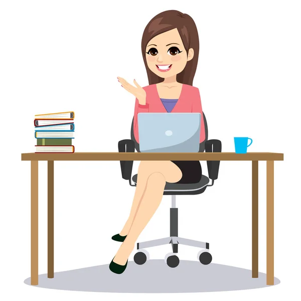 Junge Schöne Geschäftsfrau Sitzt Schreibtisch Mit Laptop Kaffee Und Aktenordner — Stockvektor