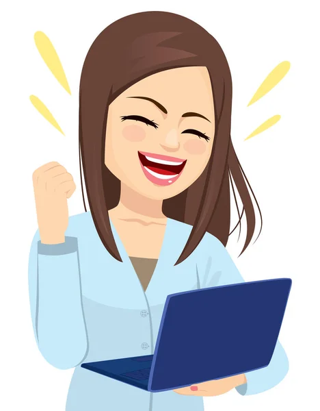 Successful Happy Businesswoman Holding Laptop Cheering Fist Celebrating — Stock Vector