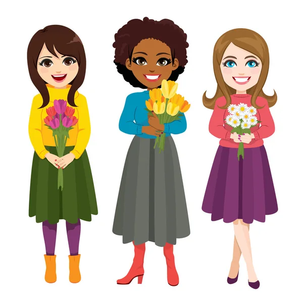 Tres Hermosas Mujeres Jóvenes Sosteniendo Ramo Flores Ropa Moda Casual — Vector de stock