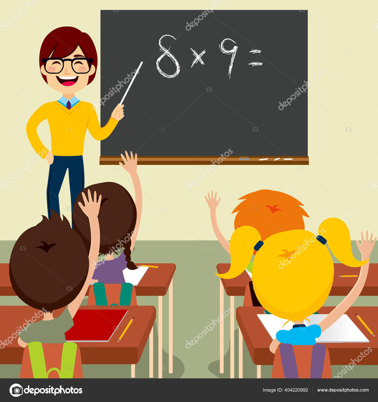 교사가 교실에서 아이들에게 수업을 부탁하는 스톡 벡터 - ©Kakigori 404220992, image size:1600x1700
