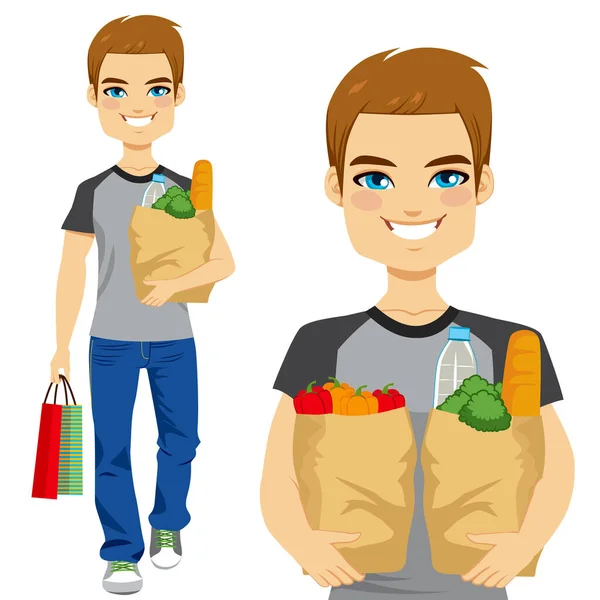健康的な野菜や他の食べ物や飲み物でいっぱいの食料品の袋を持って幸せな若い男 — ストックベクタ