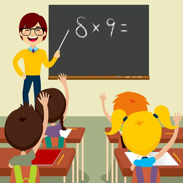 Feliz Joven Maestro Pie Pidiendo Lección Matemáticas Los Niños Levantando — Vector de stock