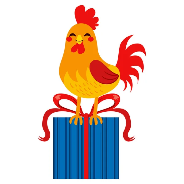 Rooster Standing Big Present Box Gift Giving Concept — Stock Vector