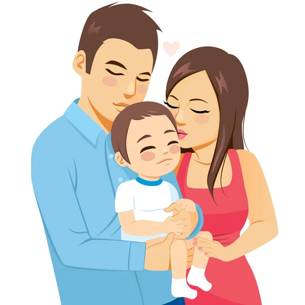 Feliz Joven Padres Besar Abrazar Bebé Niño — Vector de stock