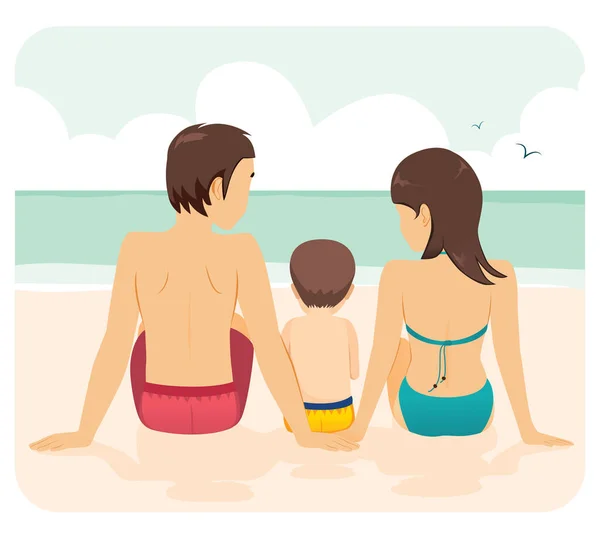 Familia Juntos Sentados Playa Mamá Papá Hijo Vacaciones Concepto — Vector de stock