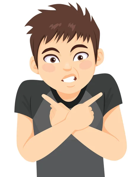 Teenager Boy Anxious Fingers Pointing Left Right Direction Choosing Different — Stock Vector