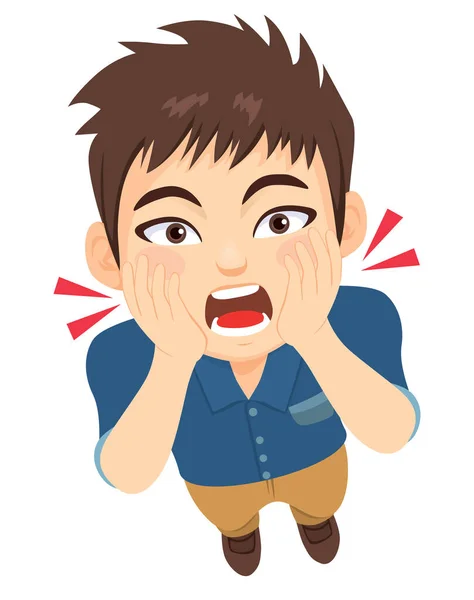 Young Scared Teenager Boy Screaming Open Mouth Hands Face — Stock Vector