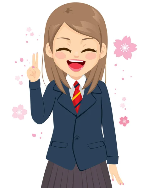 Junge Glückliche Schülerin Blauer Schuluniform Macht Siegeszeichen Und Sakura Blumen — Stockvektor