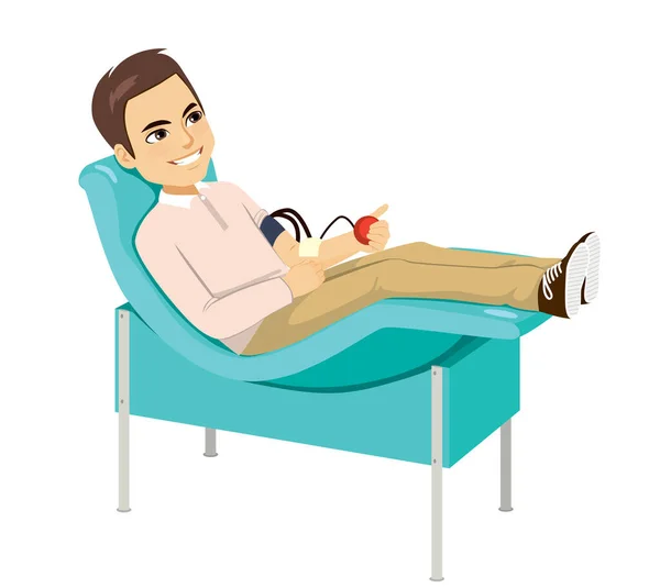 Doador Masculino Feliz Positivo Sentado Cadeira Doando Sangue — Vetor de Stock