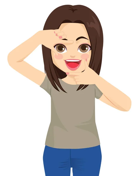Young Brunette Woman Happy Making Framing Gesture Both Hands — Stock Vector