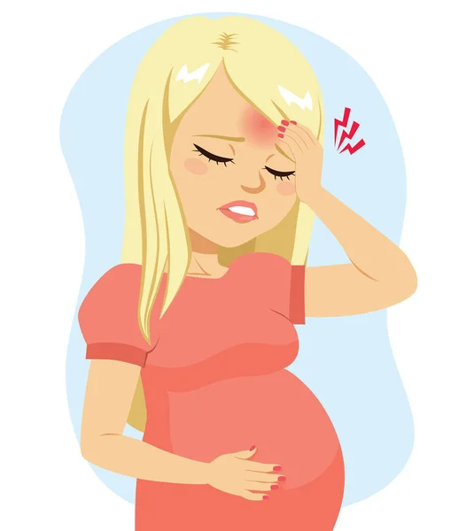 Genç Sarışın Hamile Kadın Migren Ağrısı Çekiyor Karnını Ovalarken Başını — Stok Vektör