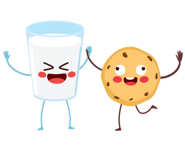 可爱的牛奶杯和巧克力曲奇饼卡通人物朋友们高高兴兴的早餐 — 图库矢量图片