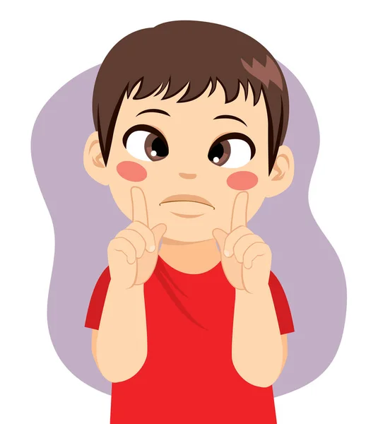 Little Boy Looking Fingers Squinting Eye Health Problem Concept — Stock Vector