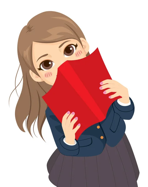 Linda Chica Estudiante Tímida Escondido Detrás Libro Texto Rojo — Vector de stock