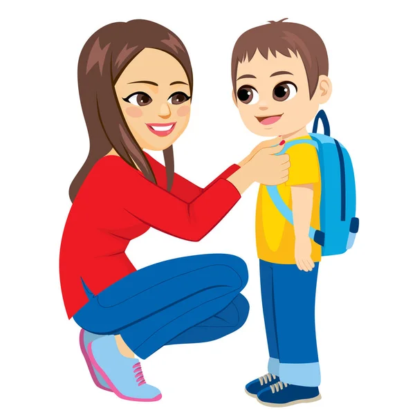 Young Mother Leads Little Kid Boy First School Day — Stock Vector