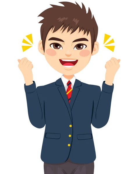 Happy Cheerful Young Boy Smiling Energetic Face Expression Fists Wearing — Stock Vector