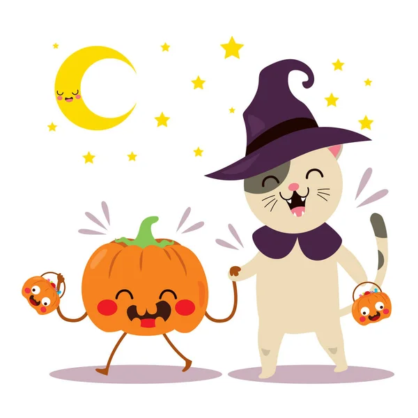 Felices Amigos Calabaza Gato Caminando Truco Tratar Noche Halloween — Vector de stock