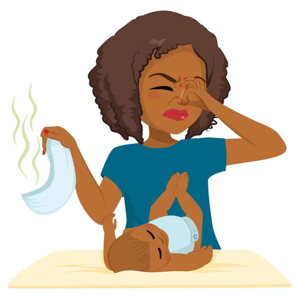 Black Woman Pinching Nose While Changing Sweet Little Baby Stinky — Stock Vector