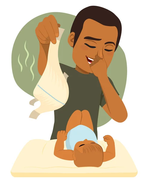 Funny Man Pinching Nose While Changing Sweet Little Baby Stinky — Stock Vector