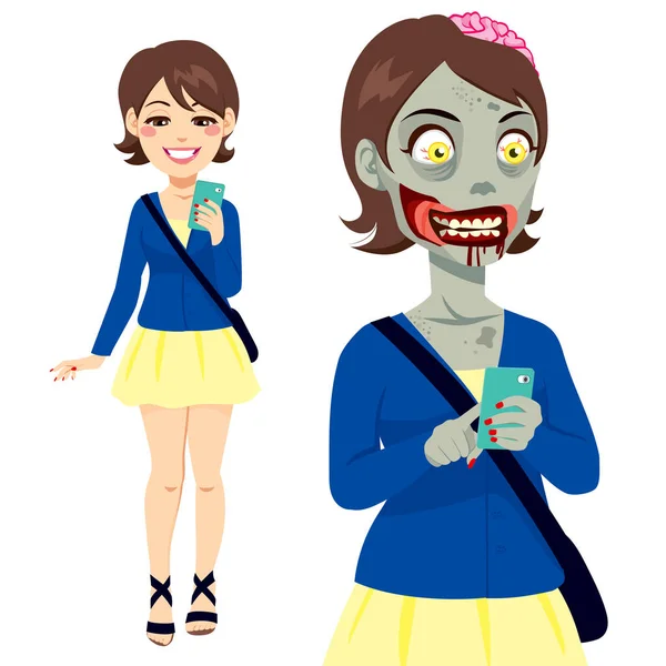Chica Caminando Mensajes Texto Con Teléfono Inteligente Convirtiéndose Zombie — Archivo Imágenes Vectoriales