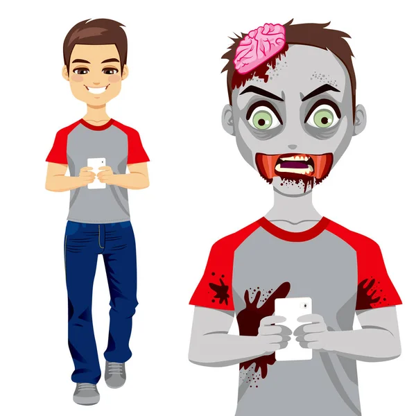 Homem Andando Mensagens Texto Com Smartphone Transformando Zumbi —  Vetores de Stock