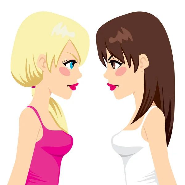 Two Young Angry Girls Facing Aggressive Confrontation — Stock Vector