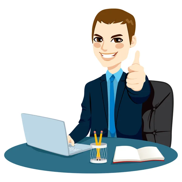 Successful Businessman Making Thumbs Hand Sign Front His Desk While — Stock Vector