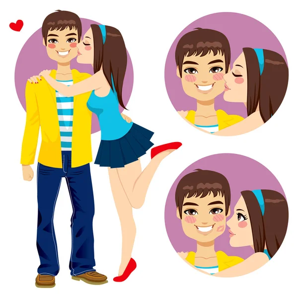 Pareja Jóvenes Amantes Linda Novia Abrazando Besando Feliz Novio Sonriente — Vector de stock