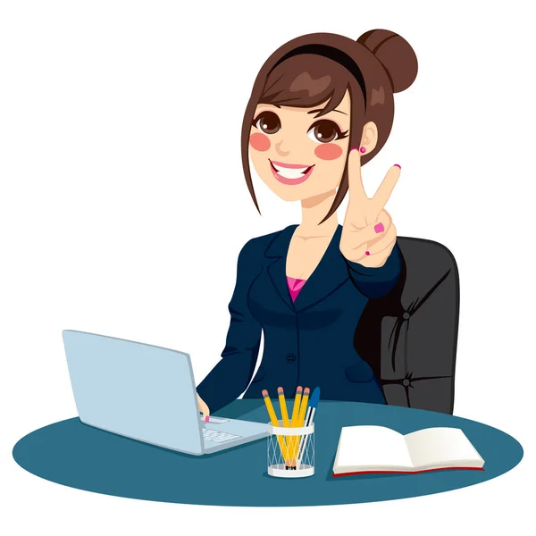 Exitosa Mujer Negocios Haciendo Victoria Signo Mano Frente Escritorio Mientras — Vector de stock