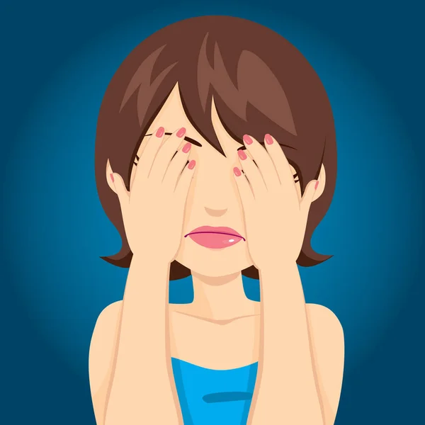 Beautiful Brunette Woman Sad Expression Covering Her Eyes — Stock Vector