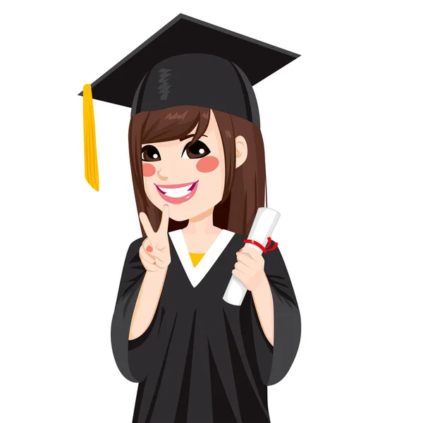 Beautiful Brunette Asian Girl Graduation Day Holding Diploma Making Victory — Stock Vector